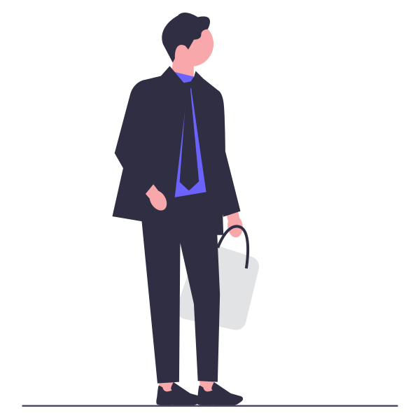 A working professional in a suit ready for one-to-one language coaching.